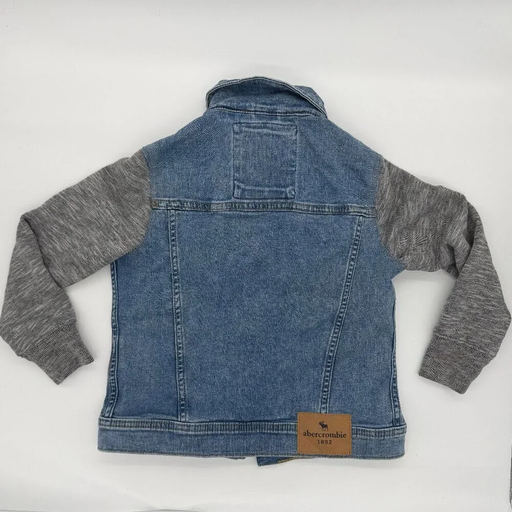 Abercrombie Kids Blue Jean Jacket With Gray Sweatshirt Sleeves Hoodie 5/6 EUC